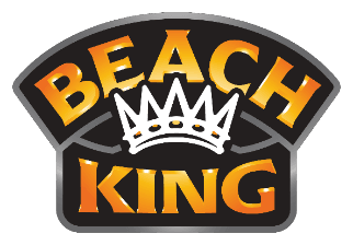 Beach King logo with a crown, in bold orange and black text, symbolizing royalty and leisure.