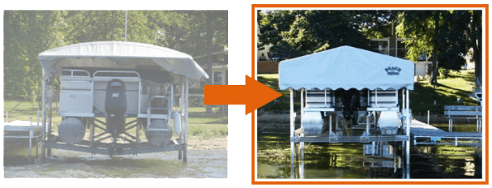 Side-by-side comparison of boat lift covers: old vs. new, showing enhanced durability and aesthetics for lakefront docks.