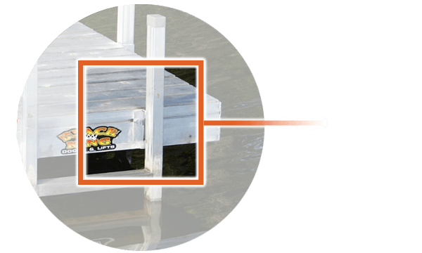 Aluminum dock with close-up view of connector and support post, featuring a manufacturer's logo. Ideal for waterfront installations.
